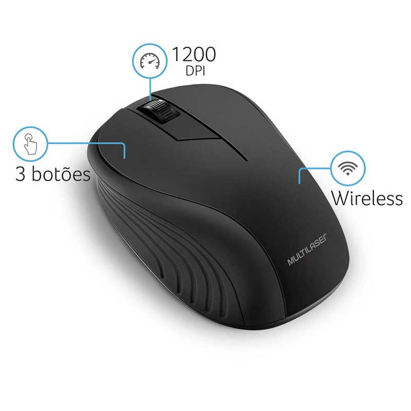 Mouse s/ Fio USB 2,4GHz 1600DPI Emborrachado Preto Multilaser