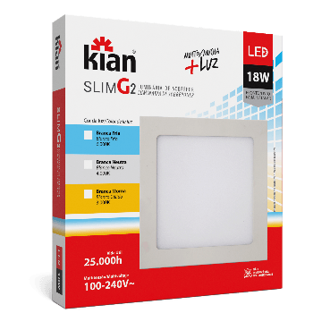 Luminária de Sobrepor Kian Quadrado LED Slim G2 Alt: 2,8cm Comp.: 21cm Larg: 21cm 18W 6000K Branca.