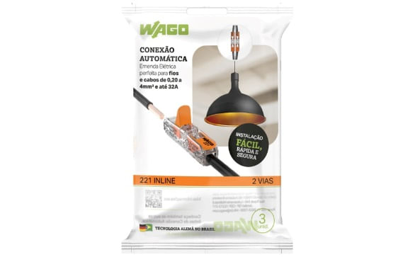 Conector de emenda 2 polos p/ fio de até 4mm2 flowpack c/3unidades Wago