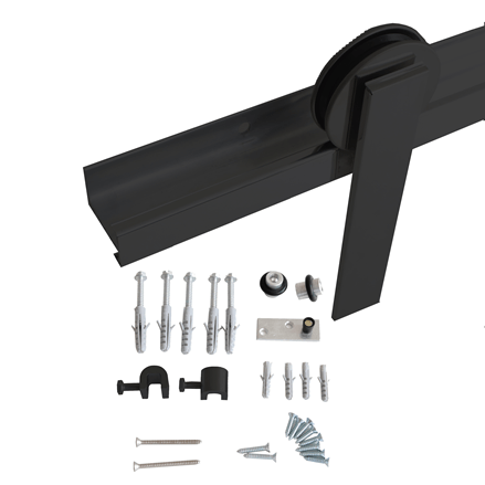 Kit Rodízio Sistema de Correr Aparente para Portas Madeira Alumina Forma e Função 1,50m Alumínio Preto Geris