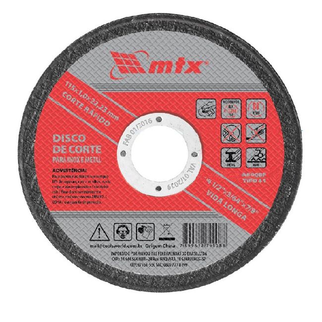 Disco De Corte Para Inox E Metal 115 x 1,0 x 22 Mm Mtx