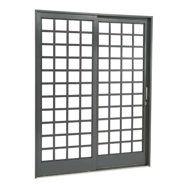 Porta de Correr com Divisão Quadriculada Aço 2 Folhas 217x160x12cm Abertura Direita sem vidro - Cinza - Belfort