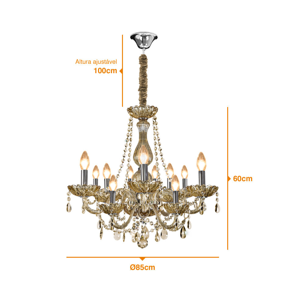 Lustre clássico aço com altura ajustável 100cm âmbar Bronzearte