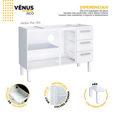 Telhanorte | GABINETE ACO VENUS FLAT 3G 1346MM BRANCO MONTADO (PIA