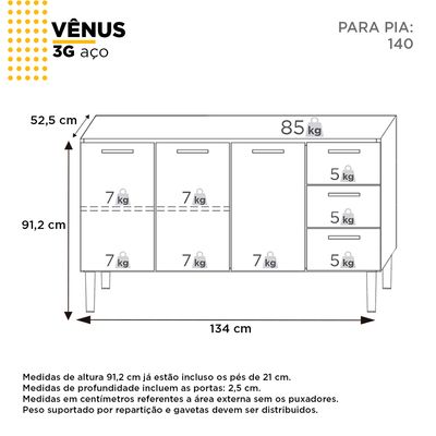 Telhanorte | GABINETE ACO VENUS FLAT 3G 1346MM BRANCO MONTADO (PIA