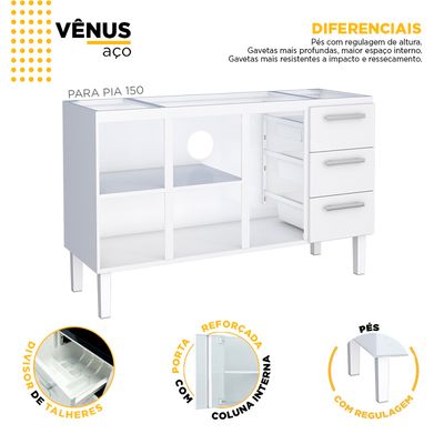 Telhanorte | GABINETE ACO VENUS FLAT 3G 1445MM BRANCO MONTADO (PIA