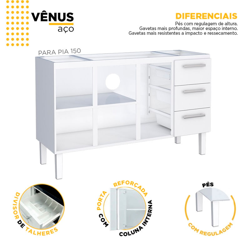 GABINETE ACO VENUS FLAT 3G 1445MM BRANCO MONTADO (PIA 150) COZIMAX