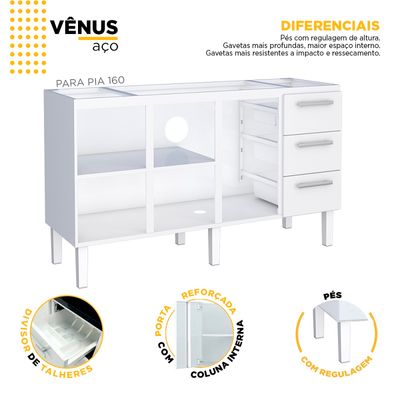Telhanorte | GABINETE ACO VENUS FLAT 3G 1535MM BRANCO MONTADO (PIA