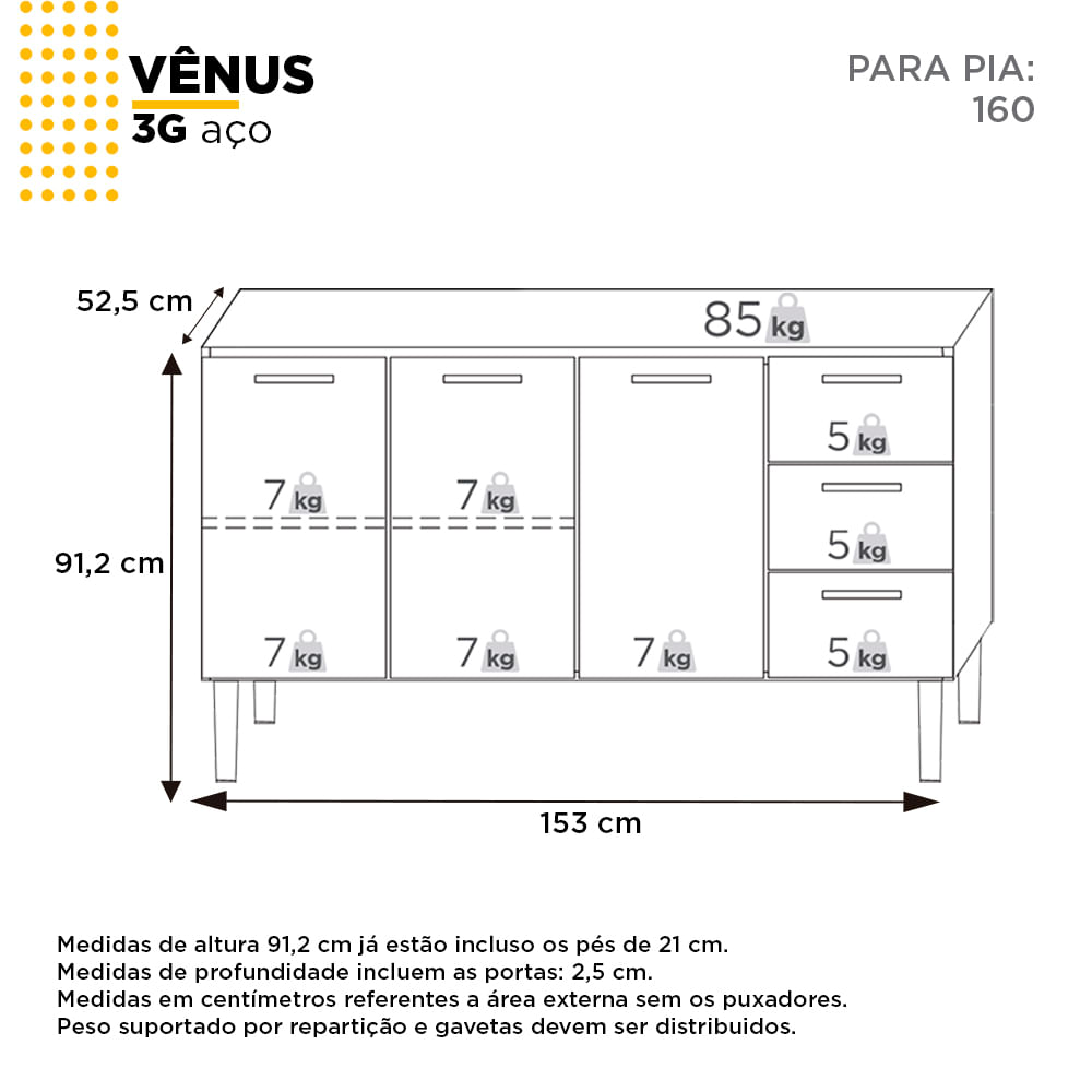 Telhanorte | GABINETE ACO VENUS FLAT 3G 1535MM BRANCO MONTADO (PIA