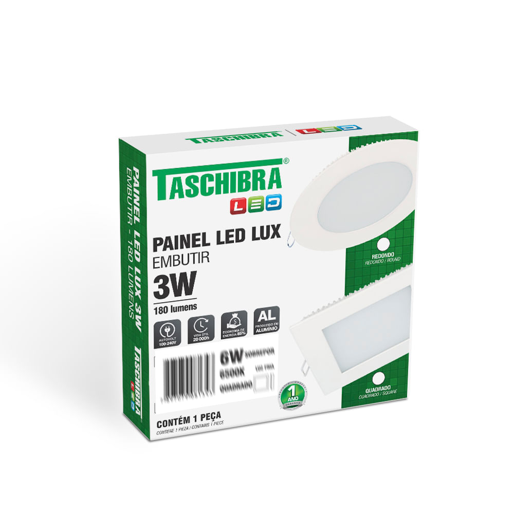Painel LED Quadrado 3W Embutir 3000K Taschibra