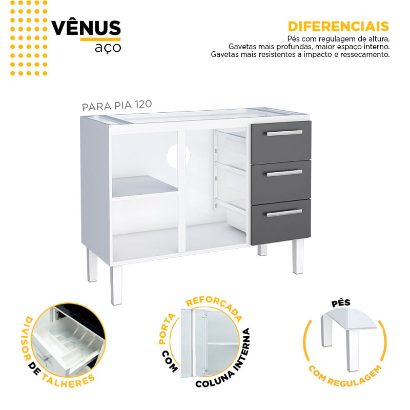 GABINETE ACO VENUS FLAT 3G 1170MM PRETO MONTADO (PIA 120) COZIMAX
