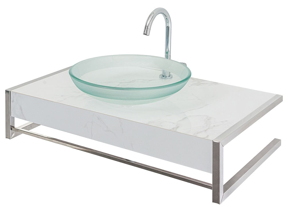 Conjunto Para Lavabo Com Tampo De Porcelanato Branco Inox Marmo 921 Cris Metal
