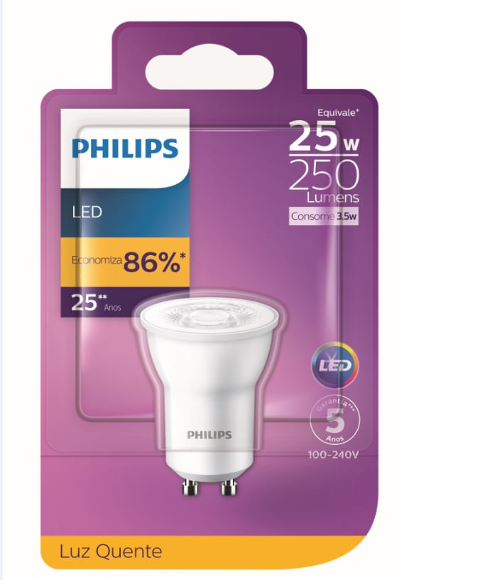 Lâmpada Led Mini Gu10 Mr11 3.5W Luz Branca Fria 6500K BivoltGu10 Philips