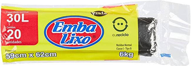 Saco Lixo Embalixo Primeiro Preco Preto Rolo 30L 20 Sacos