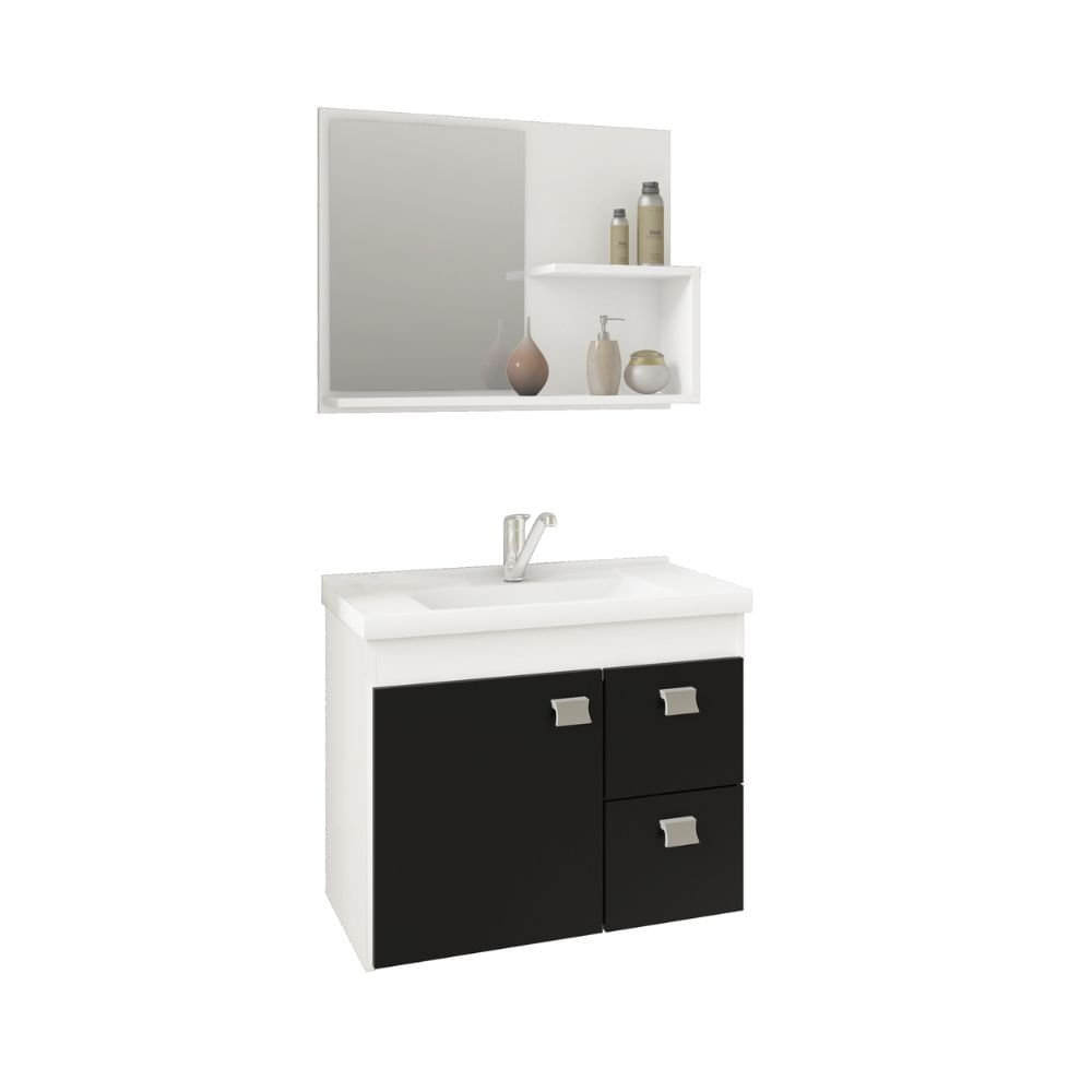 Armário De Banheiro Hortencia 54,5X31,5X46Cm Mdf Com Espelho Brancoe Preto Mgm