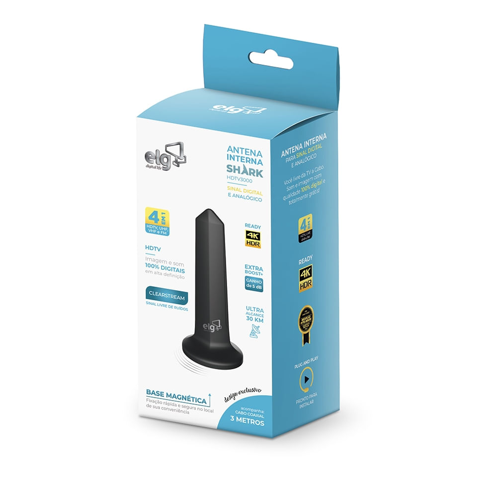Antena Digital Interna Alcance de 30Km Cabo De 3M Hdtv3000 Shark Elg