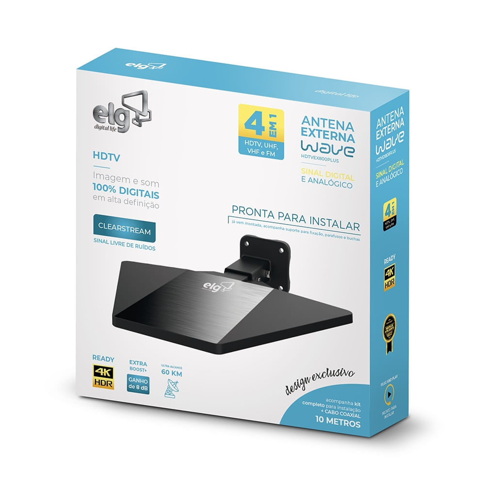 Antena Digital Externa Alcance de 60Km Cabo De 10M Wave Elg