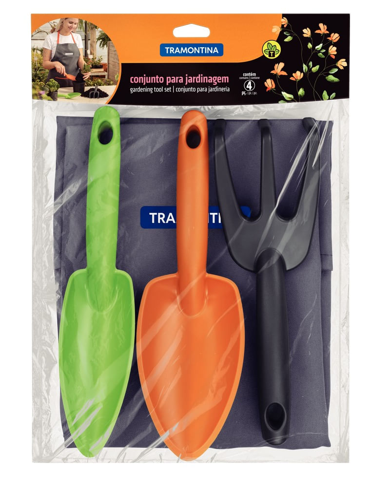 Kit Conjunto Para Jardinagem 3 Peças Com Avental Cinza Tramontina