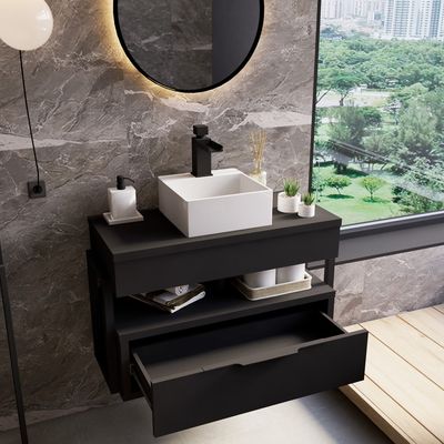 Telhanorte | Gabinete Banheiro Mod Zaniah Preto 76Cm Linha