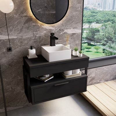 Telhanorte | Gabinete Banheiro Mod Zaniah Preto 76Cm Linha