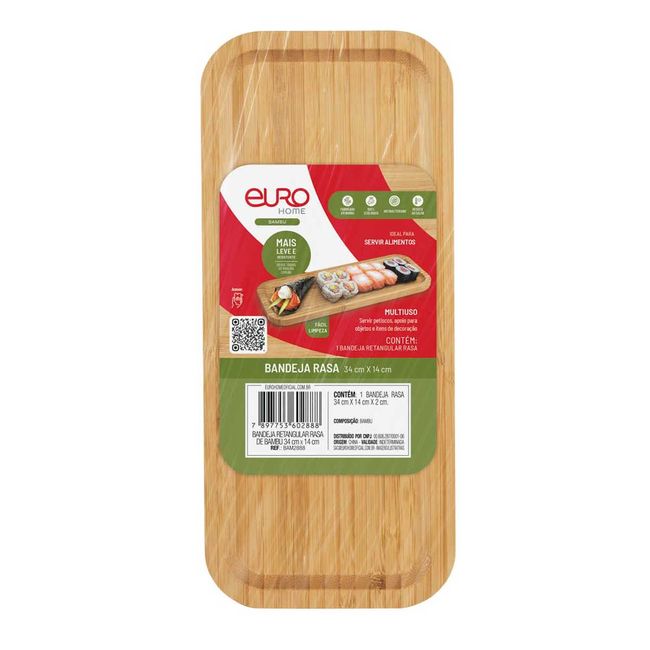 Bandeja Retangular Rasa De Bambu 34Cmx14Cmx2Cm Euro Home