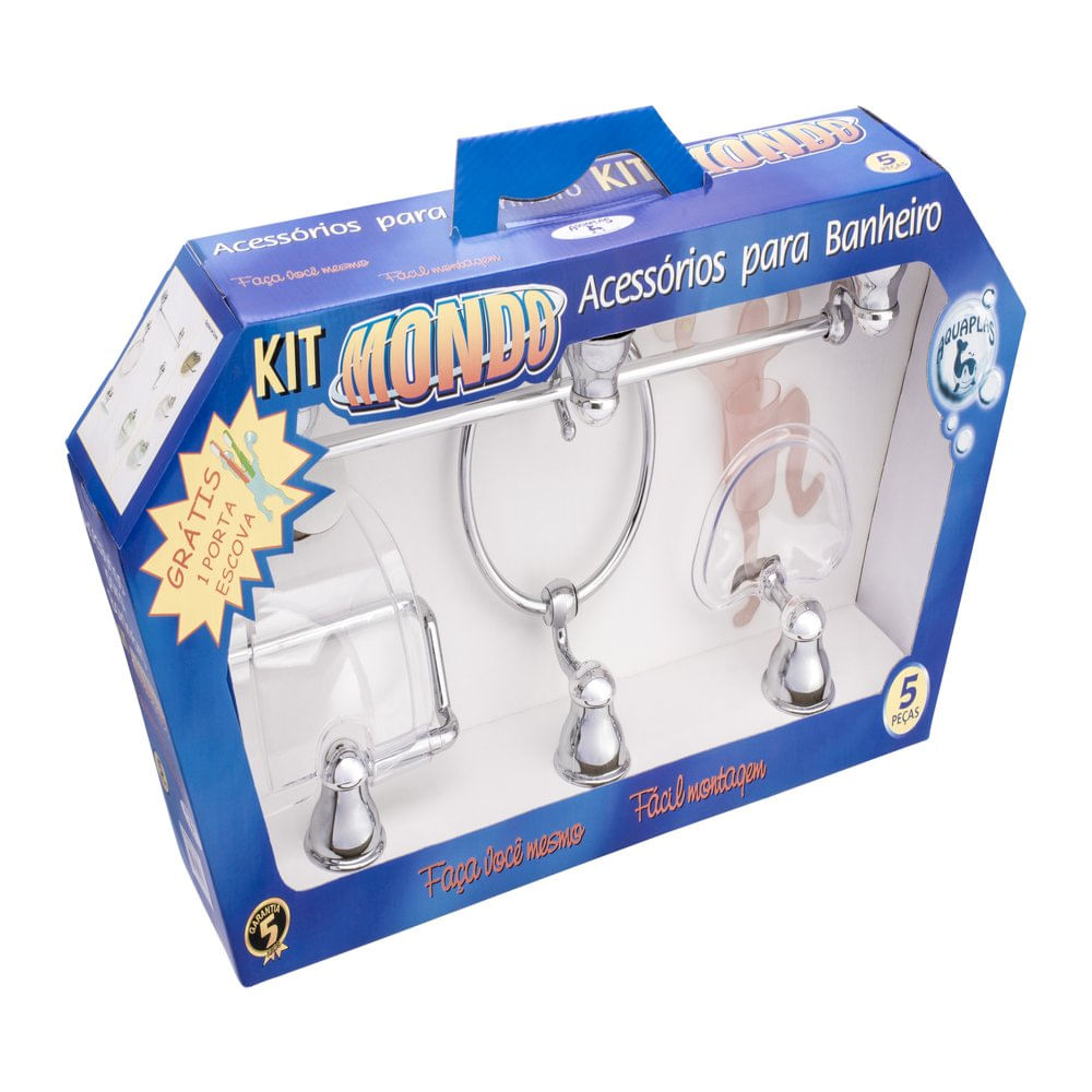 Kit De Acessórios Mondo Com 5 Peças Em Abs Com Alumínio Cromado Para Banheiro - Aquaplas