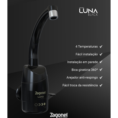 luna Torneira Elétrica Luna de Parede 4 Temperaturas 220V 5500W Preta