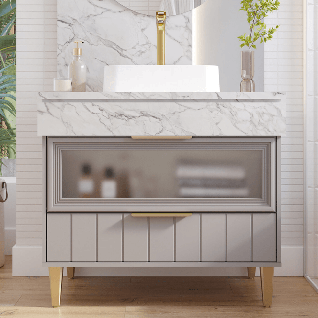 Gabinete para Banheiro MDF com Pes 70cm Bariloche com Cuba Platina Calacata MGM -1-