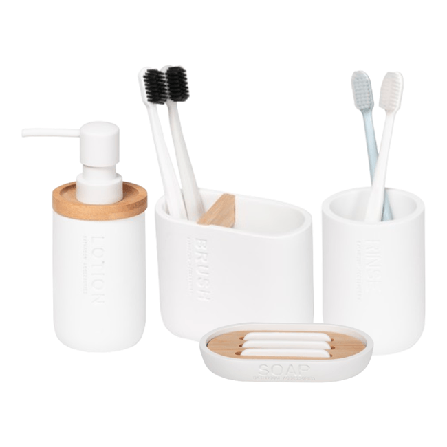 Kit Acessórios de Bancada para Banheiro 4 Peças Bambu e Branco Scandi  Coisas e Coisinhas