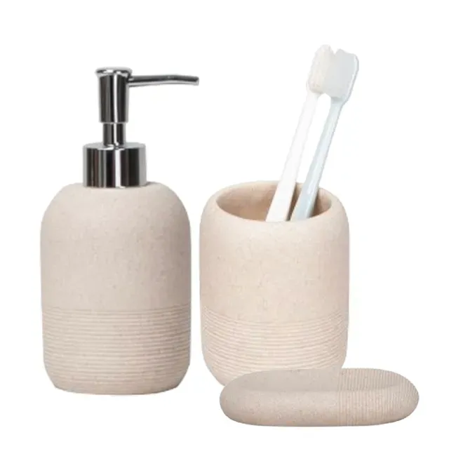 Kit Acessórios de Bancada para Banheiro 3 Peças Bege Cimento Texturizado  Coisas e Coisinhas