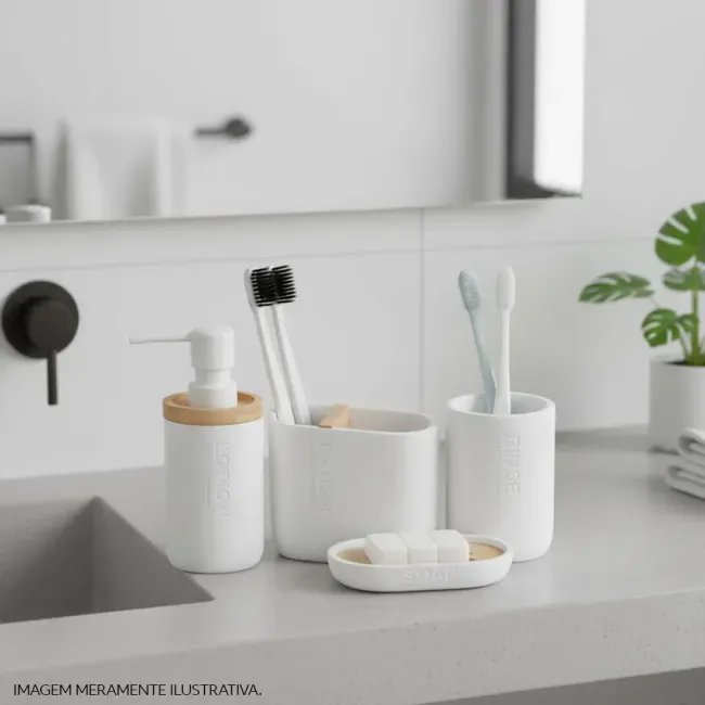 Kit Acessórios de Bancada para Banheiro 4 Peças Bambu e Branco Scandi  Coisas e Coisinhas