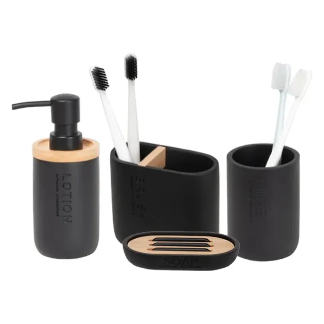 Kit Acessórios de Bancada para Banheiro 4 Peças Bambu e Preto Scandi  Coisas e Coisinhas