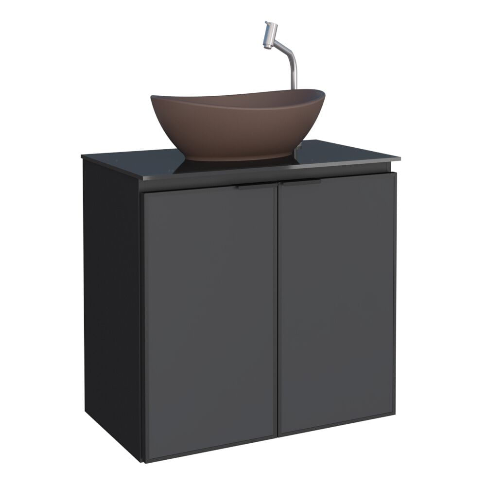 Toucador Banheiro Umbu Preto Porta Aço E Tampo Vidro 62X59X36 Cozimax