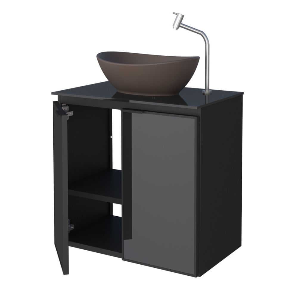 Toucador Banheiro Umbu Preto Porta Aço E Tampo Vidro 62X59X36 Cozimax