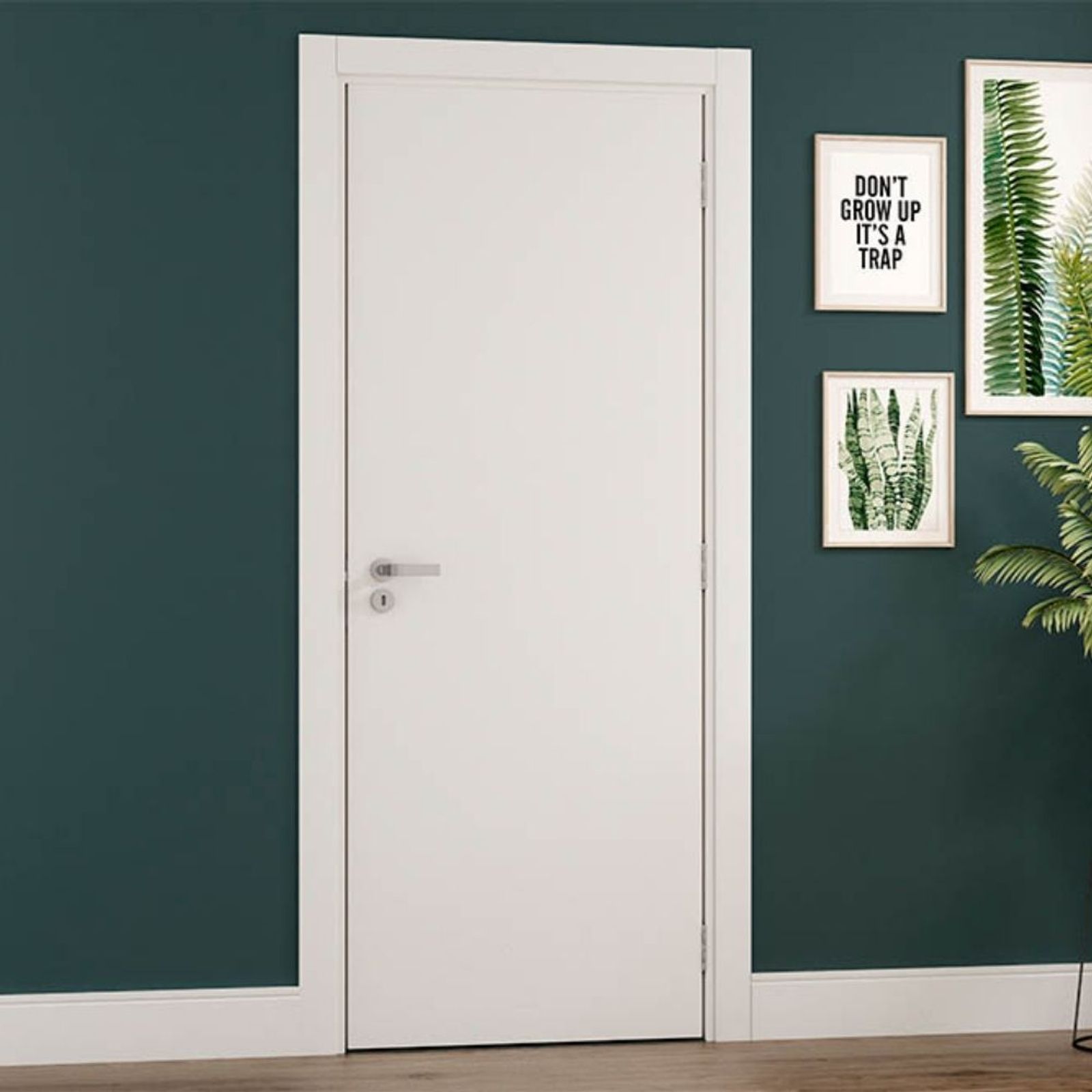 Kit Porta Madeira 210x82cm Branco Lisa Reversível Batente 8cm Vert