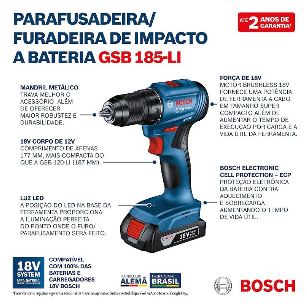 Furadeira Parafusadeira Impacto 18V Bosch Gsb185 Li 1B