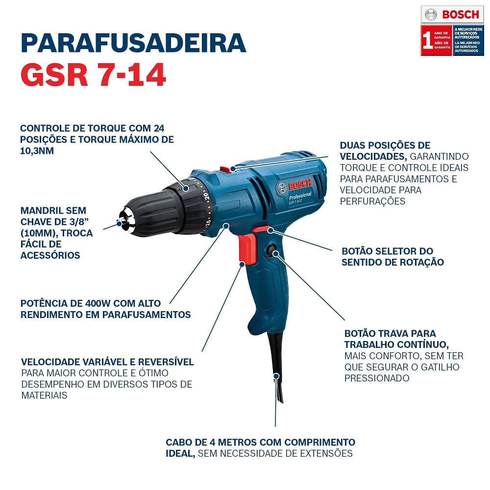 Parafusadeira e Furadeira 400W 220V Com Cabo De 4m Bosch