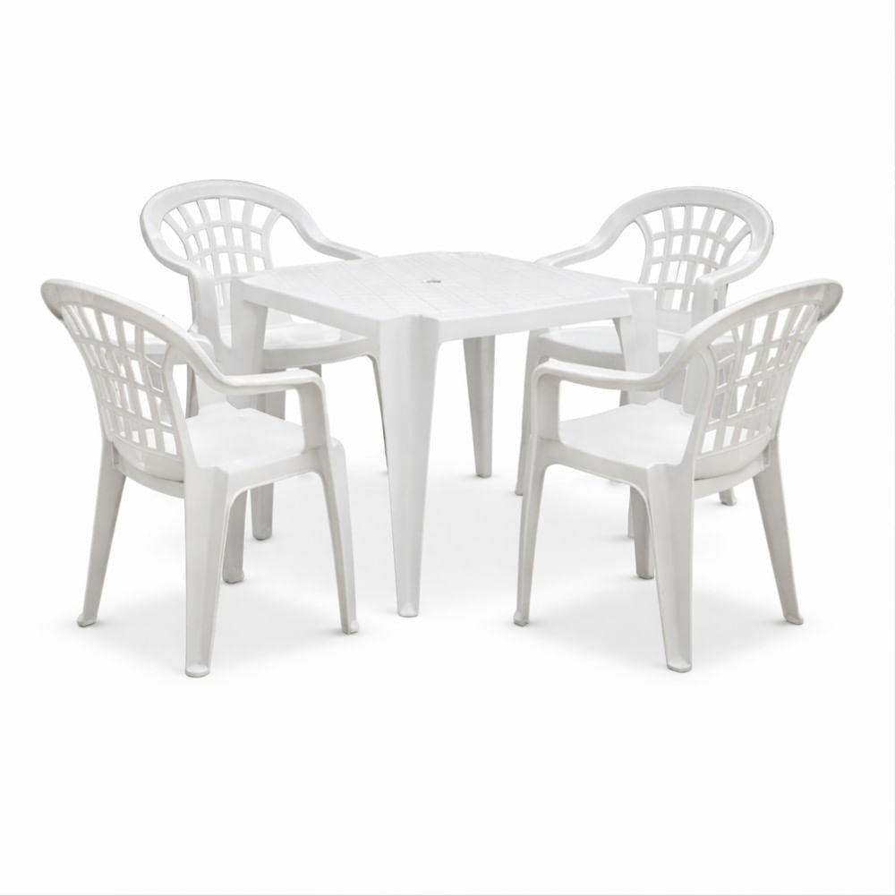 Conjunto de Mesa Plástica Monobloco 70x70cm com 4 Cadeiras Poltrona Branca Antares