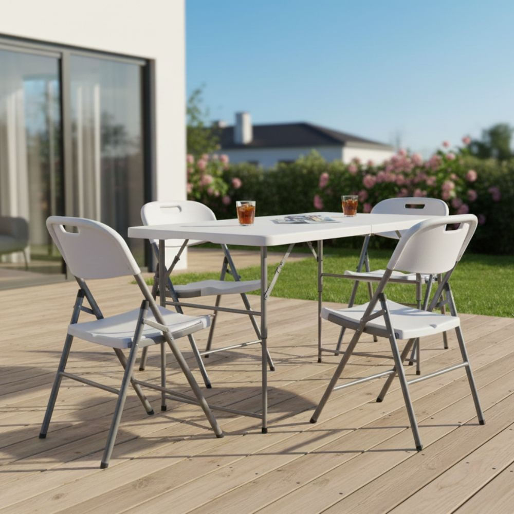 Conjunto de Mesa de Aço Dobrável 120x75cm com 4 Cadeiras Dobráveis Brancas Coisas e Coisinhas