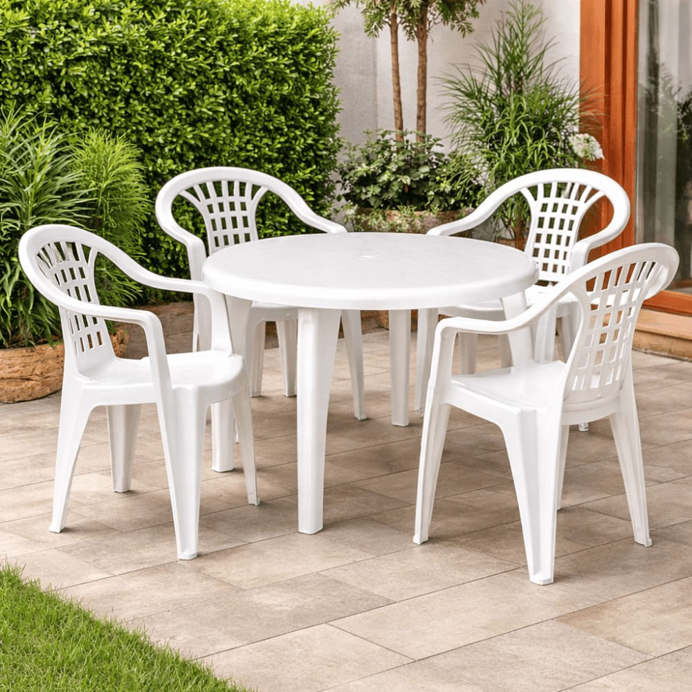 Conjunto de Mesa Plástica Redonda 70x90cm com 4 Cadeiras Poltrona Branca Antares