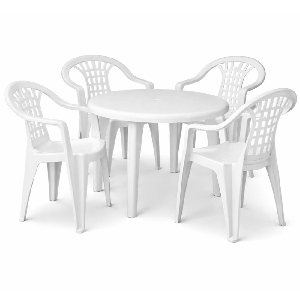 Conjunto de Mesa Plástica Redonda 70x90cm com 4 Cadeiras Poltrona Branca Antares