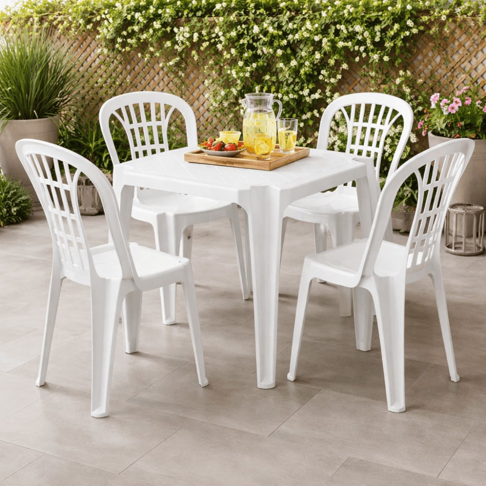 Conjunto de Mesa Plástica Monobloco 70x70cm com 4 Cadeiras Bistrô Branca Antares