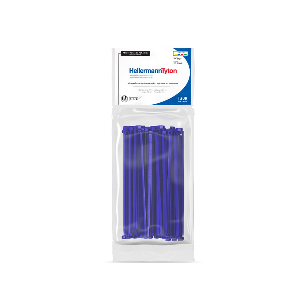 Abracadeira Nylon T30R 150X3,6mm Com 100un Azul Hellermanntyton