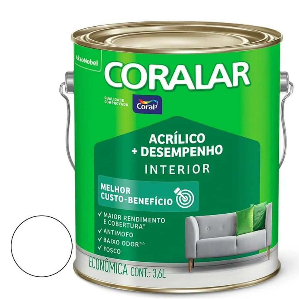 Tinta Acrílica Econômica Mais Desempenho Cor Branco Interior 3,6 Litros Coralar Coral