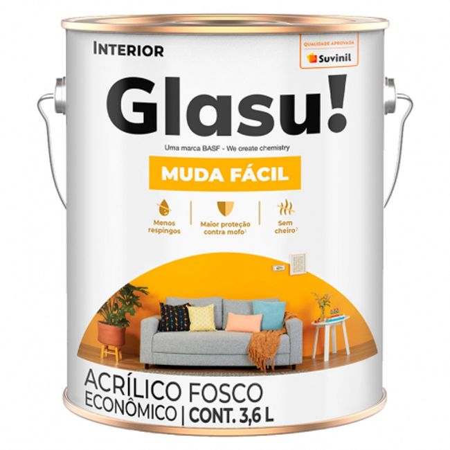 Tinta Acrílica Econômica Glasu! Muda Fácil Interior Branco Gelo Fosco 3,6l Suvinil