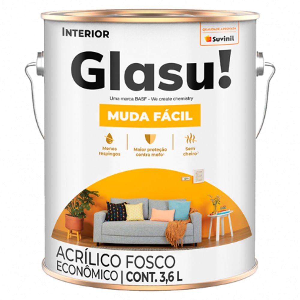 Tinta Acrílica Econômica Glasu! Muda Fácil Interior Branco Fosco 3,6l Suvinil