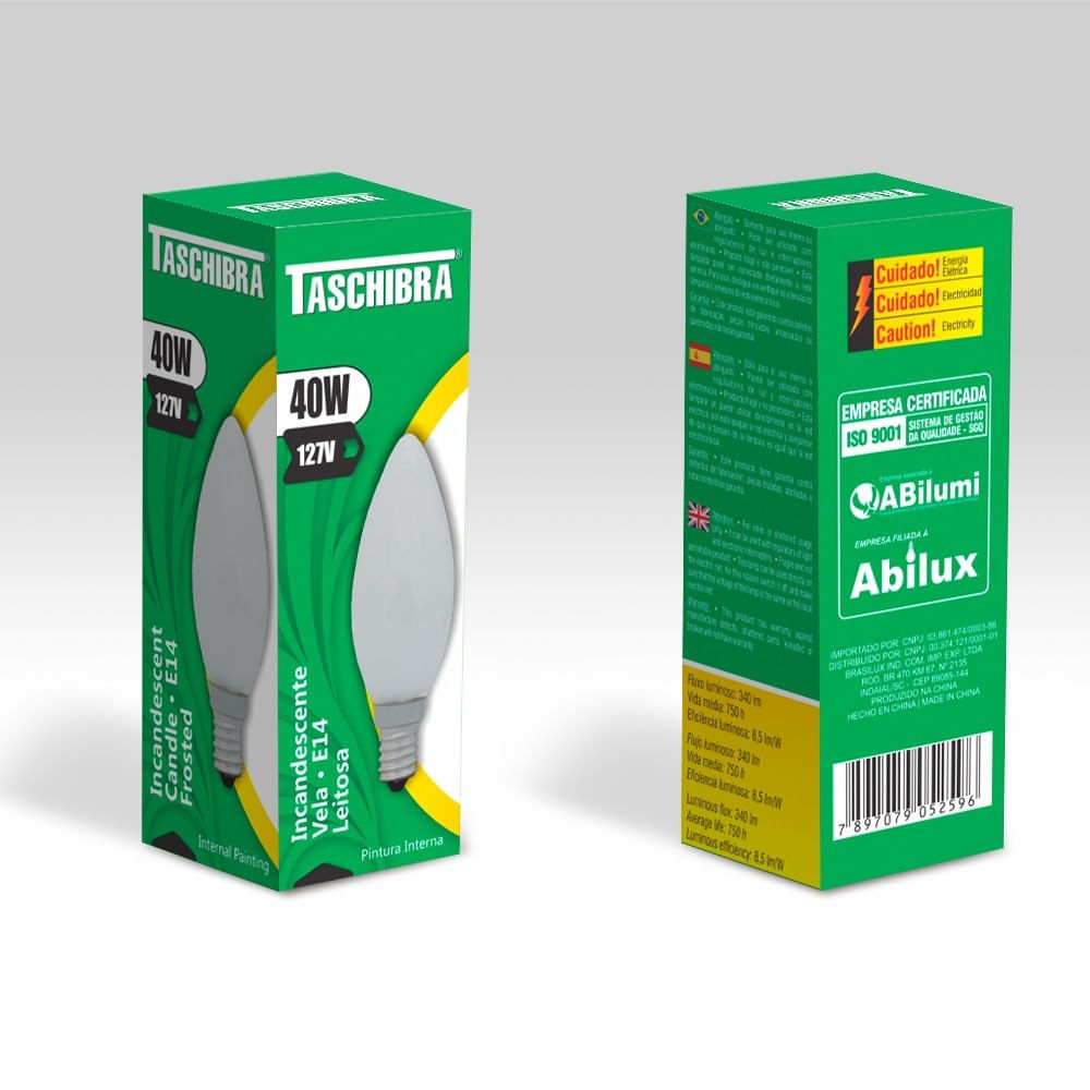 Lâmpada Incandescente Vela Lisa Leitosa 40W 127V E14 Taschibra
