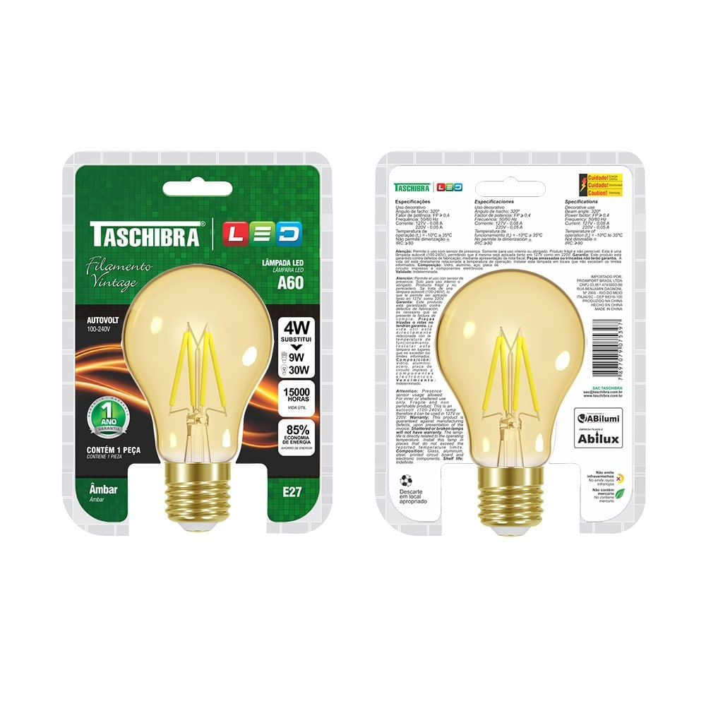 Lâmpada Led Filamento Vintage A60 4W Autovolt Âmbar Taschibra