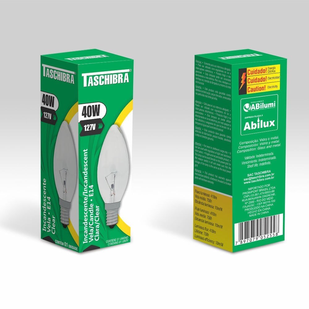 Lâmpada Incandescente Vela Lisa Clara 40W 127V E14 Taschibra