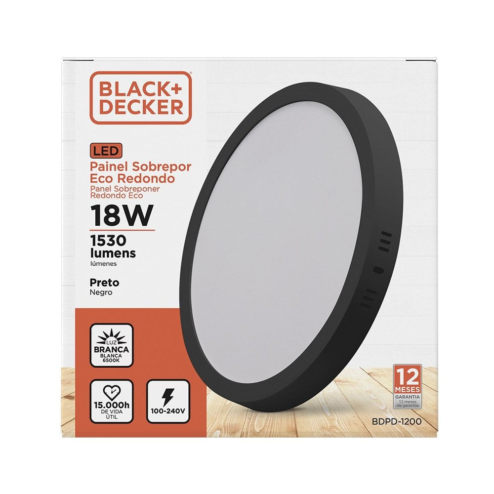 Painel Led Eco Preto Sobrepor 18W Redondo 6500K Bivolt  Black Decker